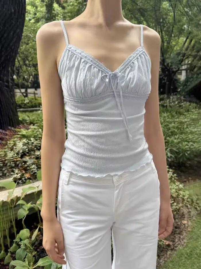 Top Bleu Fin à Lacets et Garniture en Dentelle pour Femme