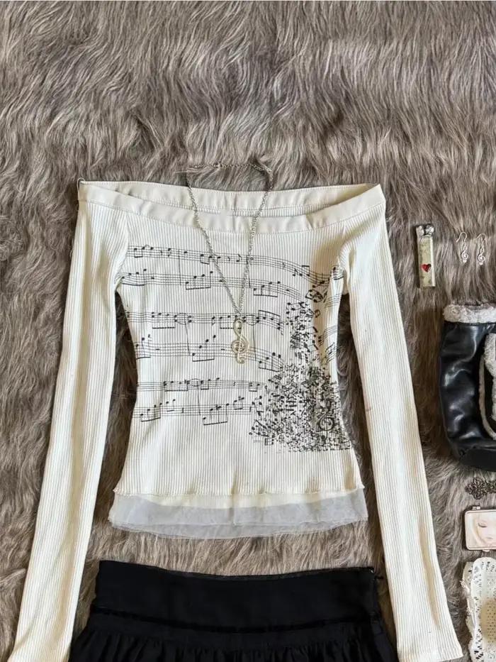 Coréen 2000s Punk Goth filles graphique hauts épaules nues Sexy dentelle coton t-shirts mignon motif de musique Y2K