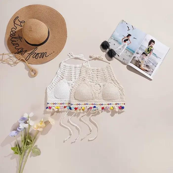 Haut court en tricot dos nu pour femme, style ethnique bohème, sexy, léger, amissié, crochet, glands, ourlet, licou, soutiens-gorge, bustier pour printemps été ```