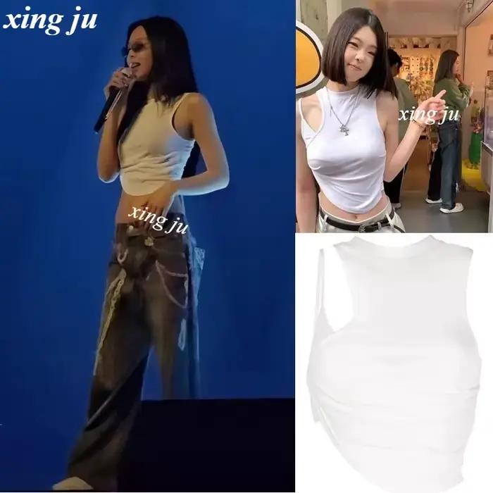 Kpop chanteur Jennie femmes irrégulière blanc court gilet fronde culture hauts scène Costume musique Festival vêtements femme Jazz danse porter