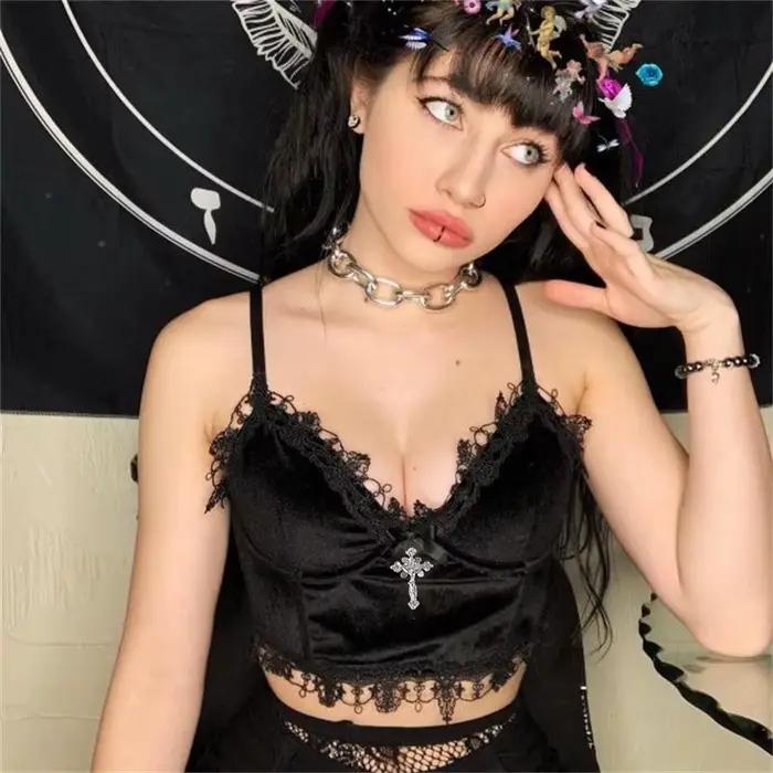 Débardeur en velours Y2K garnitures dentelle noire pour femme style sexy club occasions spéciales sorties nocturnes