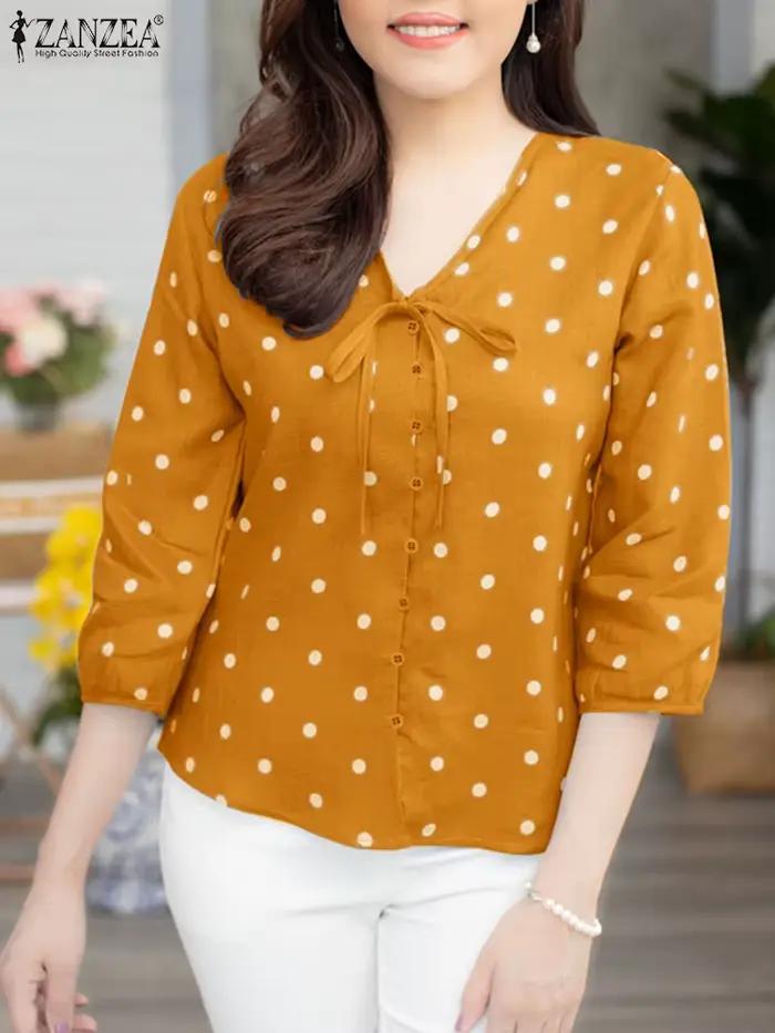 ZANZEA 2025 été à pois bohème Blouse mode 3/4 manches bouffantes chemises décontracté ample à lacets hauts tuniques Blusas Femininas
