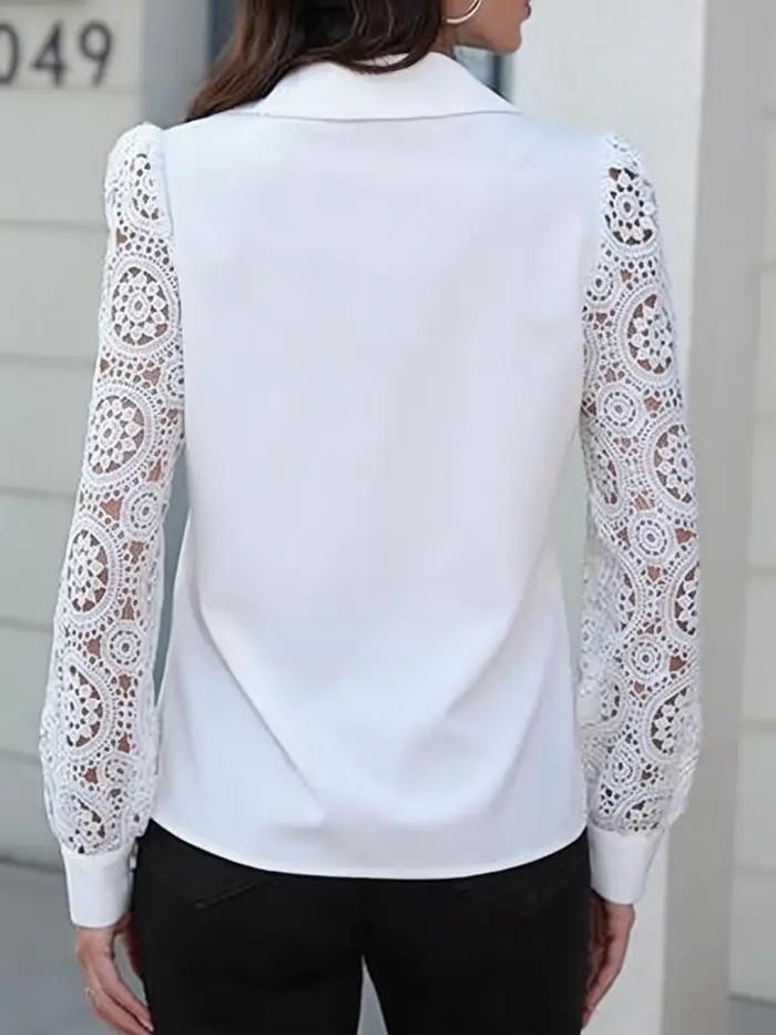 Chemisier blanc brodé de dentelle de style européen pour femme - Col en V