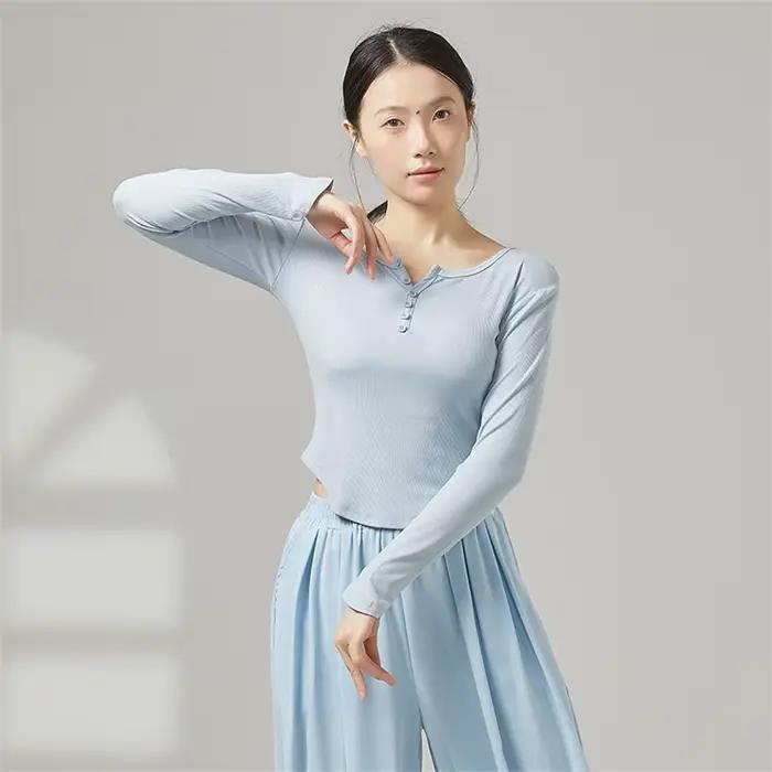Chemise de danse moderne pour femme en viscose côtelée, haut de poitrine, sans manches, pour yoga, danse moderne, ballet et spectacle