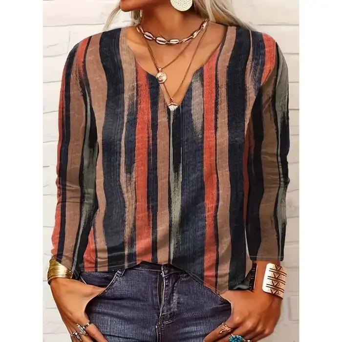 Femmes grande taille 1XL-8XL décontracté confortable à manches longues haut mode col en v rayé respirant T-shirt