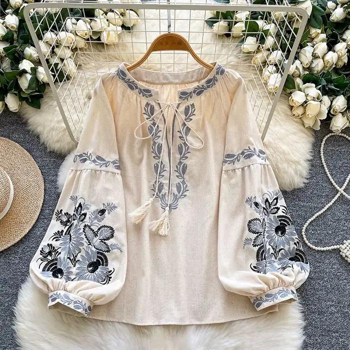 Chemisier brodé floral décontracté pour femmes, printemps-automne, style ethnique, col en V, ample et décontracté, manches lanternes, haut à lacets, occasion spéciale