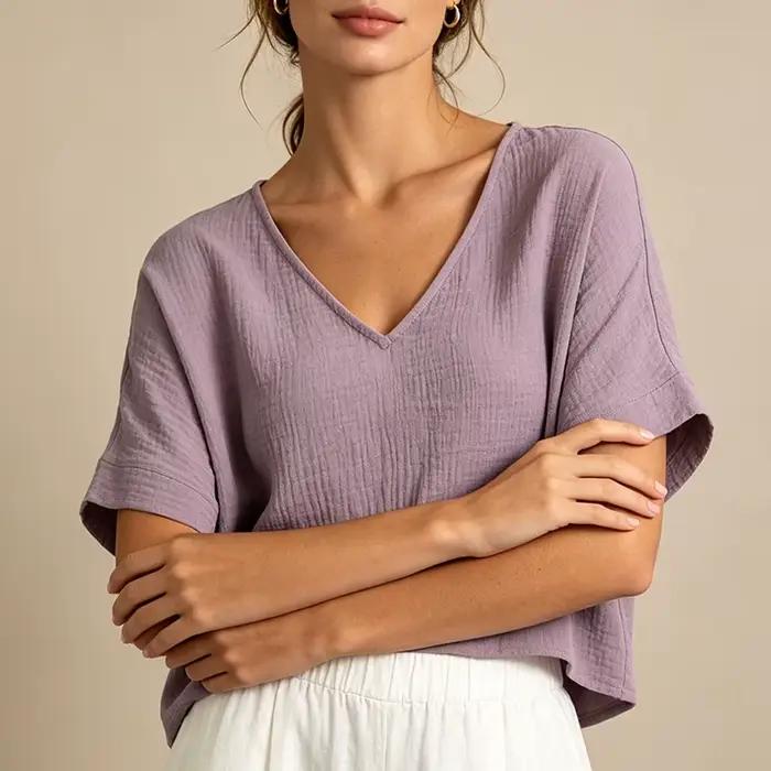Haut en mousseline de coton chic pour femme, t-shirt sexy, col en V, manches courtes, streetwear décontracté, chemise en gaze, 100% coton, pour l'été, confortable et élégant