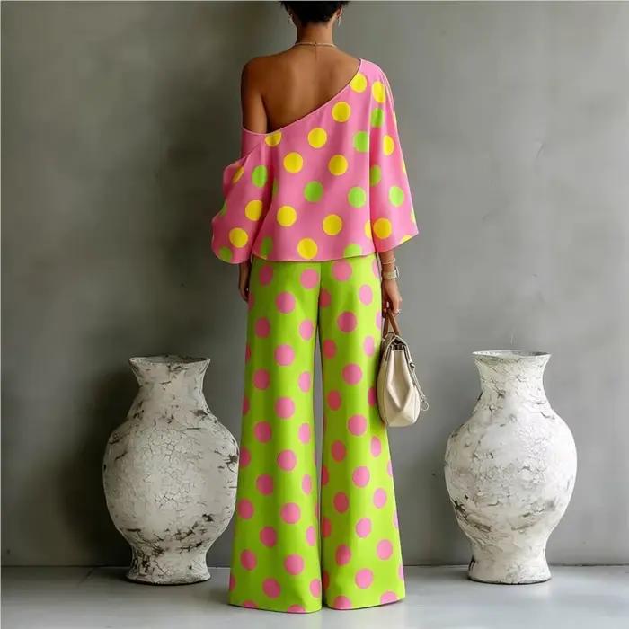 Ensemble 2 pièces à pois pour femme : Blouse asymétrique et pantalon large – Tenue décontractée et élégante pour l'été et les soirées – Nouveauté 2026