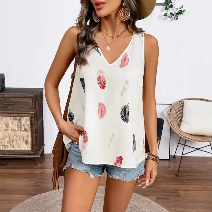 Débardeur ajouré sans manches pour femmes, imprimé plumes et fleurs, bretelles Spaghetti, dos nu en dentelle, col licou, été