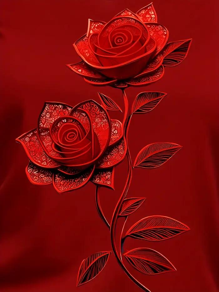 T-shirt à manches courtes pour femmes, motif floral rose rouge, style décontracté et sportif, idéal pour la Saint-Valentin et les tenues décontractées d'été.