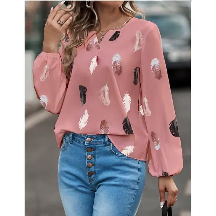 Mode femme Blouse chemises pour femmes haut élégant à manches longues motif de plumes