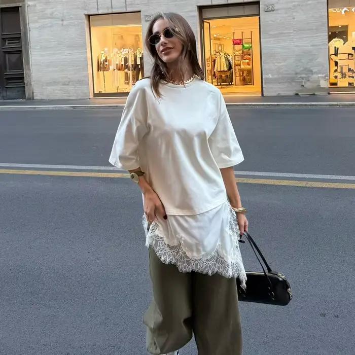 MUJER Polo dentelle T-shirt femme contraste débardeur décontracté femmes à manches courtes haut asymétrique
