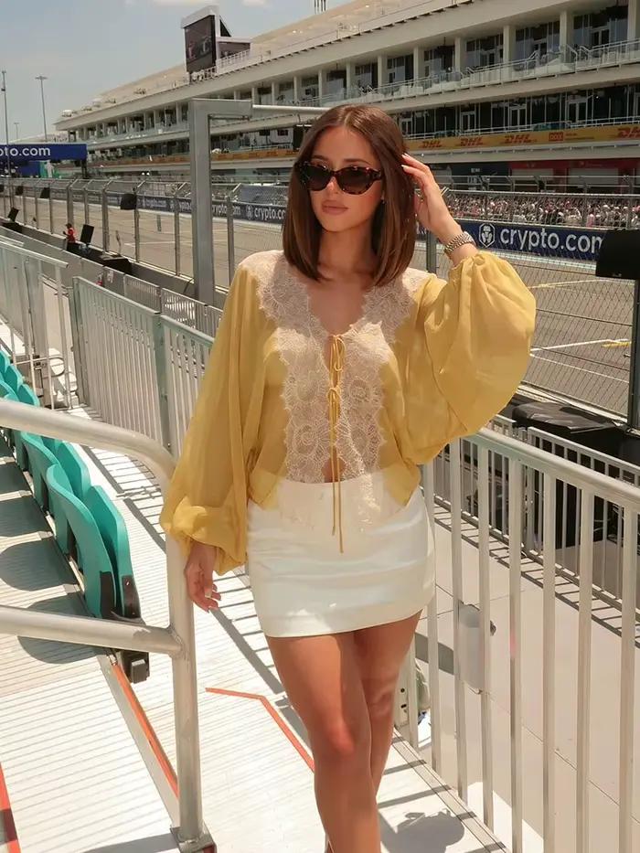 HH Blouse en mousseline de soie à dentelle bohème pour femme
