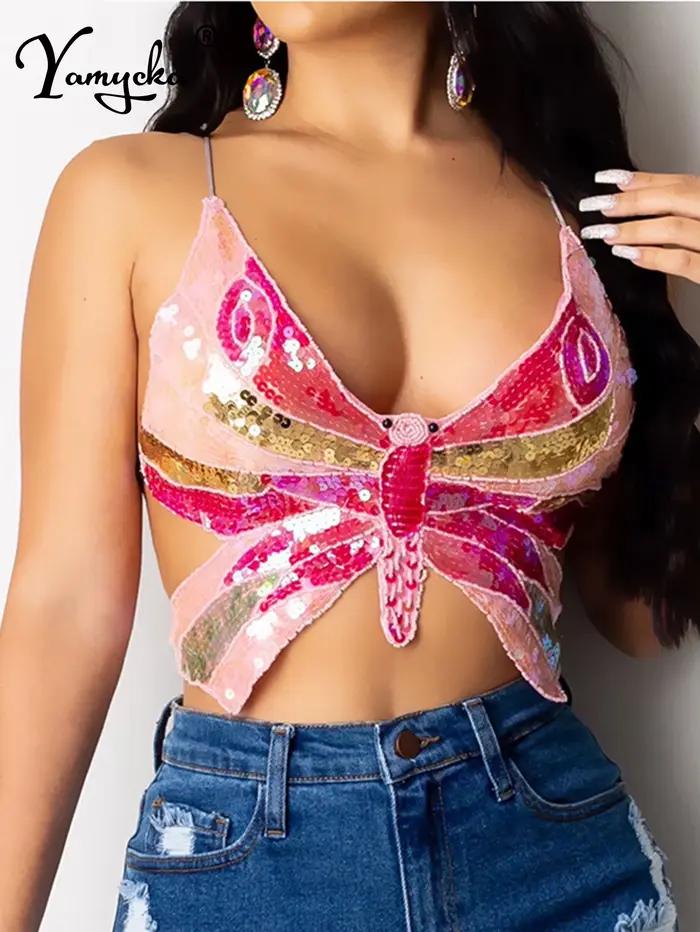 Top court à paillettes papillon y2k pour femmes