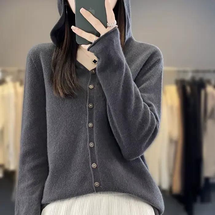 Cardigan à Capuche en Laine Mérinos pour Femme
