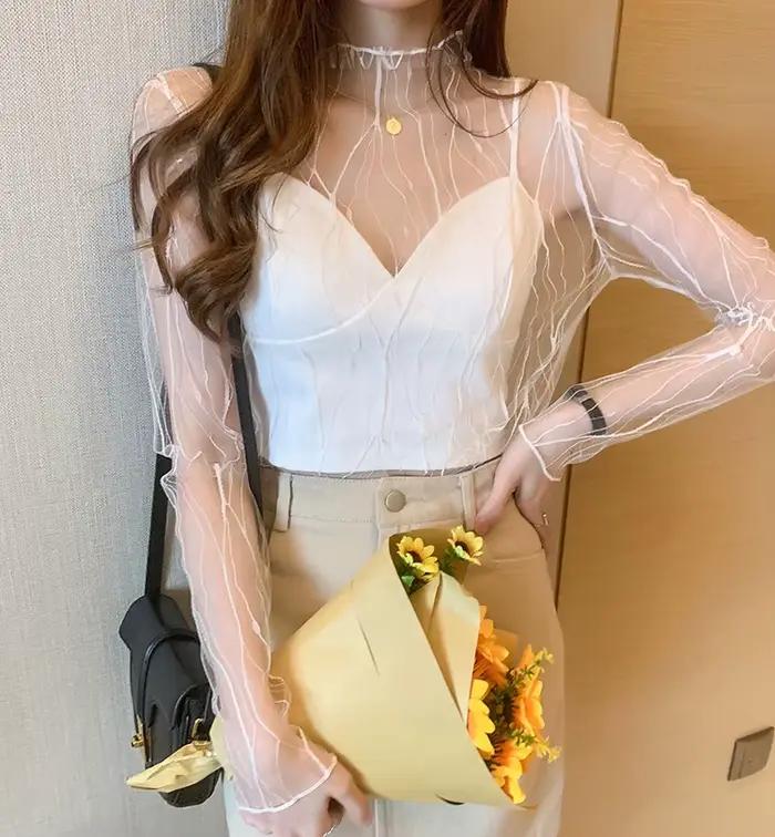 T-shirt en dentelle élégant, sexy et transparent en polyester pour femmes, hauts à manches longues avec dentelle noire, style punk pour occasions spéciales