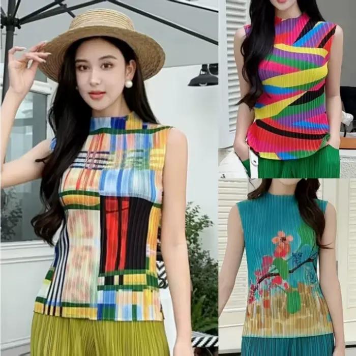 T-shirt plissé MEOD peint à la main pour femmes, hauts décontractés avec motifs géométriques, idéal pour le printemps et l'été, occasions spéciales et quotidienne