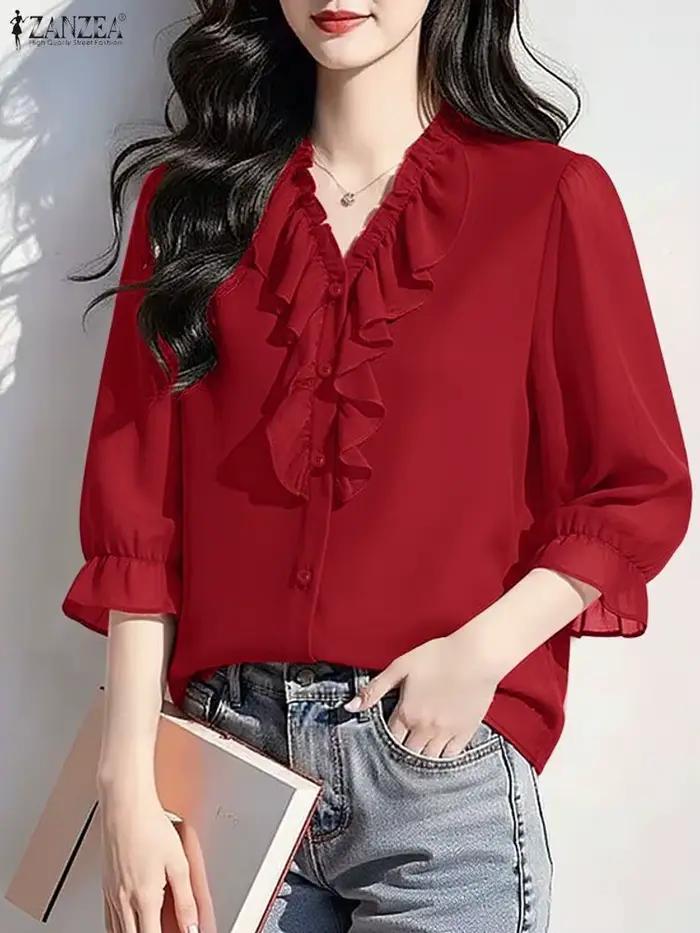 Chemise ZANZEA en polyester et élasthanne à col en V avec volants pour femmes, blouse décontractée et élégante pour bureau et occasions spéciales