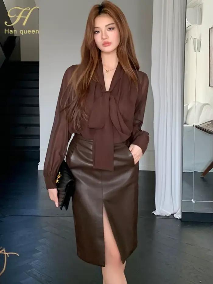 H Han Queen travail décontracté hauts chemisier en mousseline de soie nouveauté chemise femmes Blouse Vintage nœud