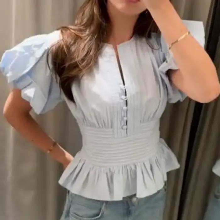 Chemisier peplum pour femme, col rond, plissé, manches courtes bouffantes, taille cintrée, hauts smockés d'été