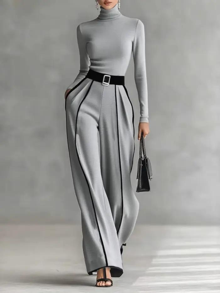 Ensemble 2 pièces élégant pour femme : haut à col roulé à manches longues et pantalon large à taille haute avec ceinture noire – Tenue de bureau
