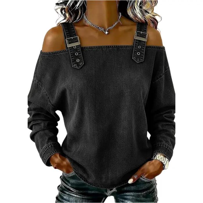 Haut en jean pour femme élégant et décontracté avec épaules dénudées et manches longues pour toutes les occasions