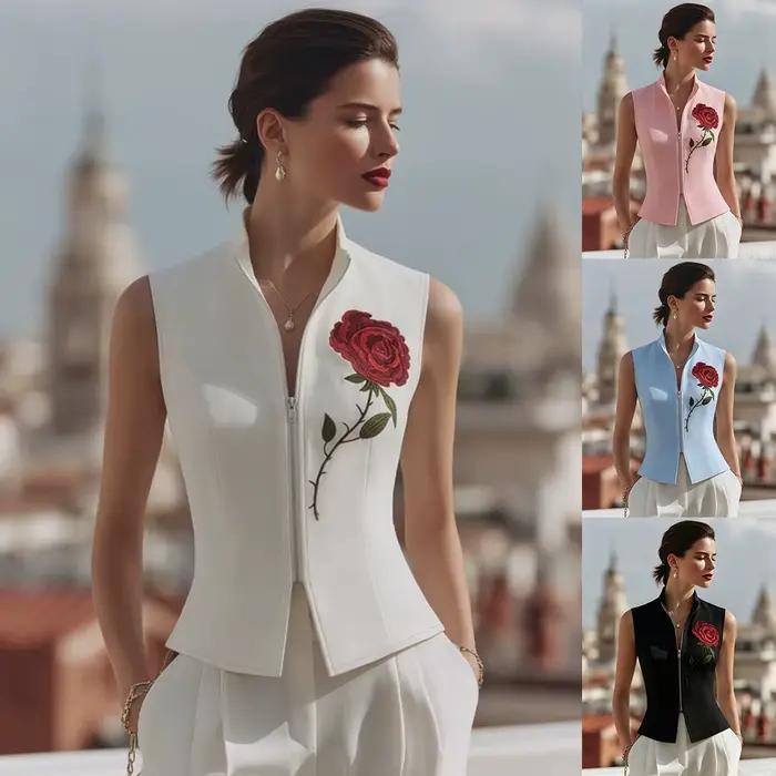 Hauts et chemisiers sans manches mandylandy brodés de roses pour femmes printemps automne décontracté tricoté en coton mince