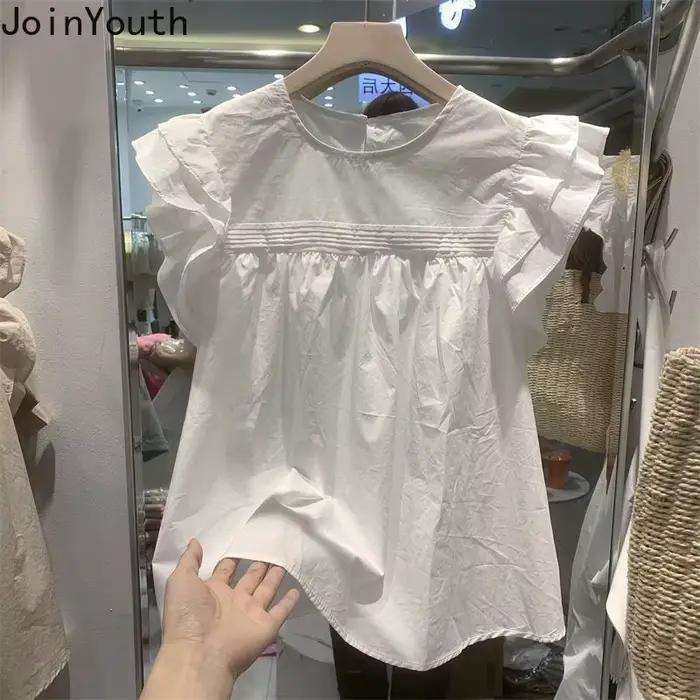 Chemisier coréen pour femmes manches volantes col rond chemises amples 2025 Blusas Mujer De Moda Vintage été hauts Chic doux Blouses blanches