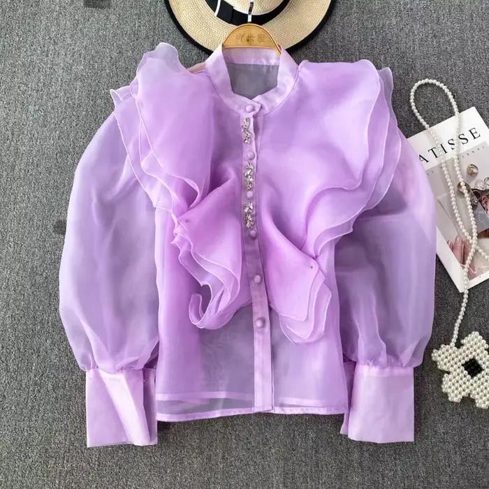 Chemisiers et hauts chics pour femmes, chemisier à volants en Organza pour femmes, Blusa transparente en maille perlée, mode coréenne élégante, livraison directe