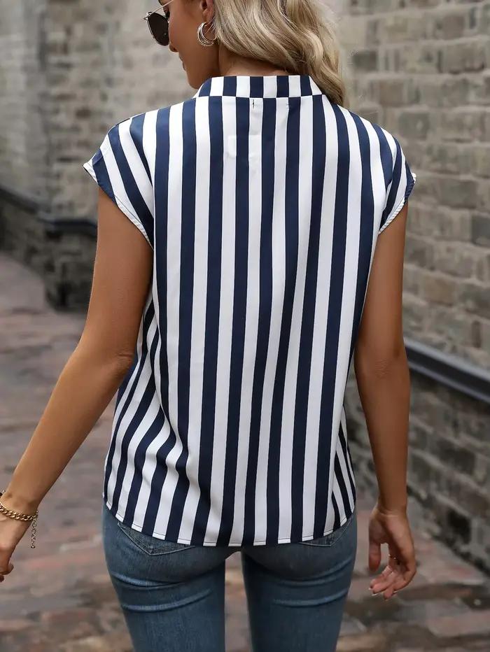 Chemise pour femme Printemps Été Bleu marine Blanc Rayures verticales Col en V Manches courtes Élégant Chic Haut décontracté quotidien