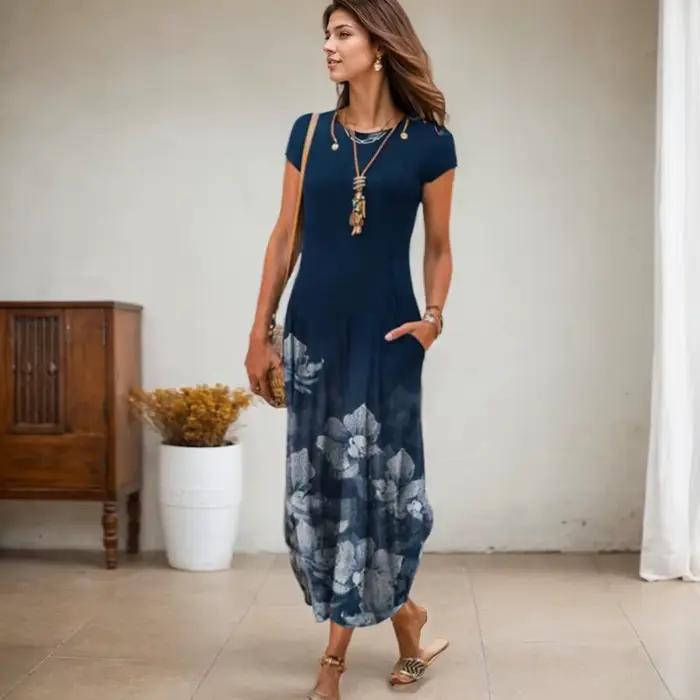 Robe mi-longue vintage à imprimé floral pour femmes, style bohème, polyester et coton, col rond, longueur cheville, printemps été