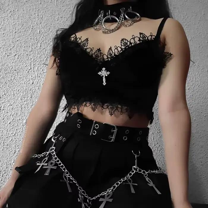 Débardeur en velours Y2K garnitures dentelle noire pour femme style sexy club occasions spéciales sorties nocturnes