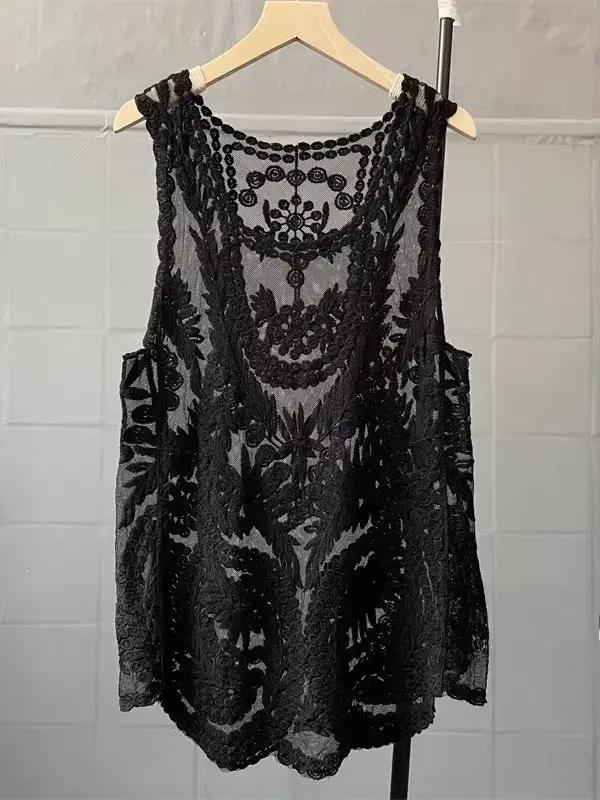 Boho plage cache-up Sexy sans manches Blouse chemise femmes haut en dentelle été Mini robes broderie florale T-Shirts