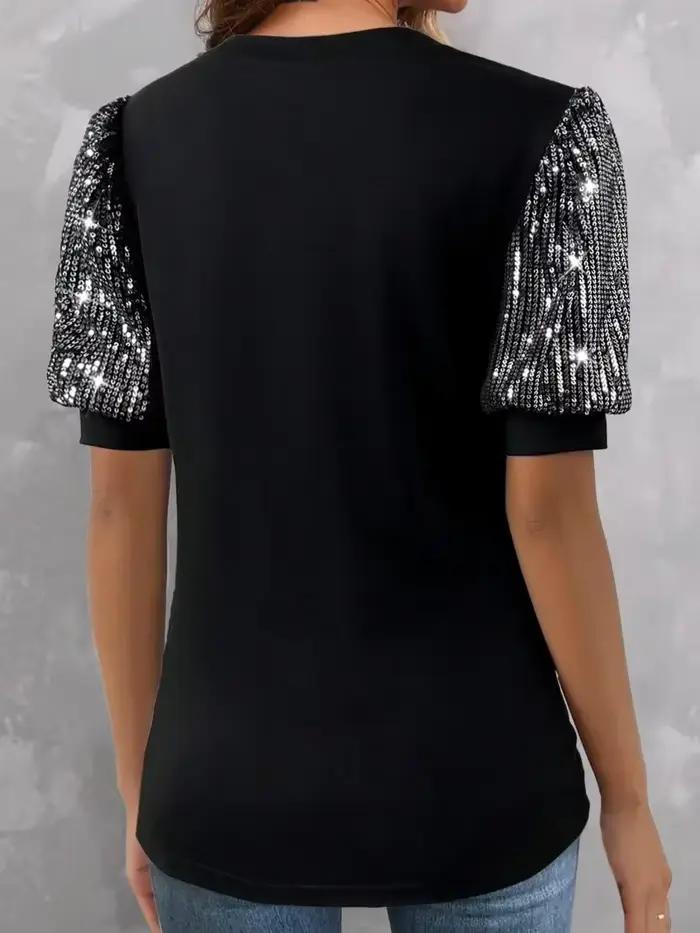 T-Shirt Pailleté Bloquant les Documents Femme Style Décontracté Manches Lanternes Col en V Grande Taille Saison Été Polyester
