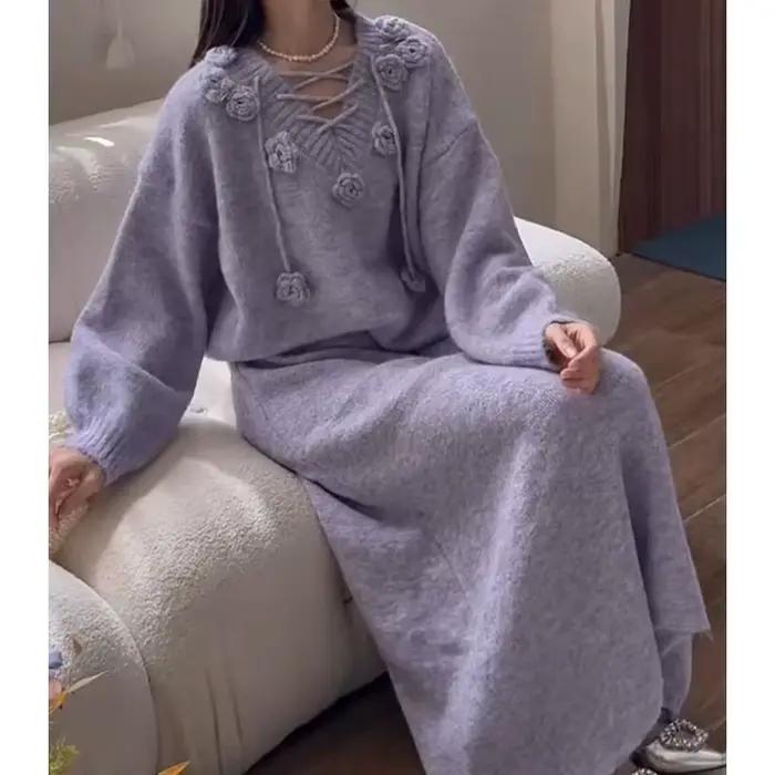 Ensemble pull à fleurs tridimensionnelles violettes pour femmes