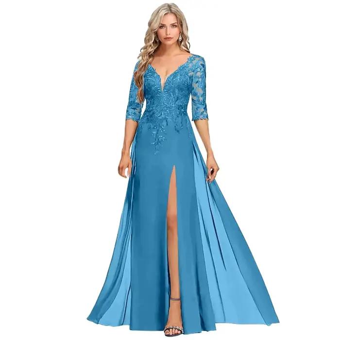 Robe de soirée sirène en mousseline à col en V avec dentelle et sequins pour bal de promo et mariage