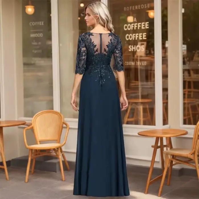 Robe de soirée sirène en mousseline à col en V avec dentelle et sequins pour bal de promo et mariage