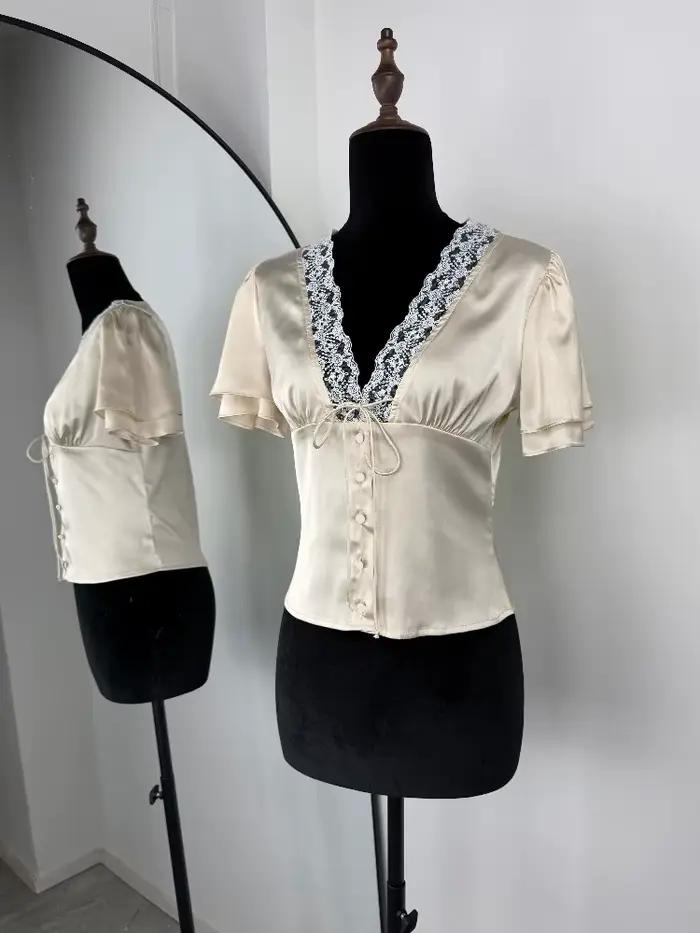 Tossy dentelle été col en v T-shirt haut pour les femmes à lacets évider à manches courtes imprimé