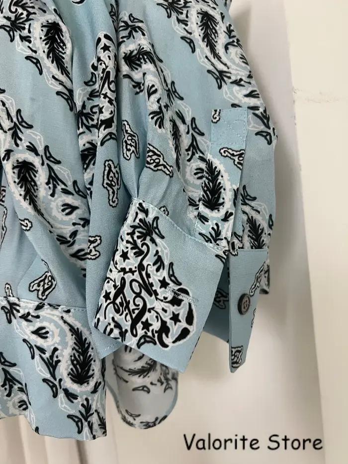 Chemisier Femme Bleu Imprimé Col V Manches Longues 2026ss NOUVEAU Hauts Chemises Haute Qualité