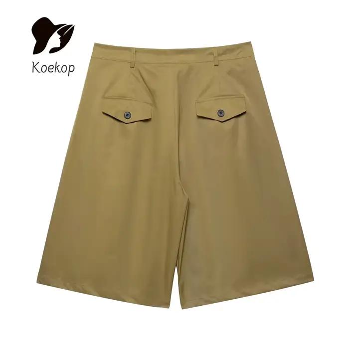 Koekop Chemise ornée de poche à revers de couleur unie pour femme et short plissé vintage décontracté