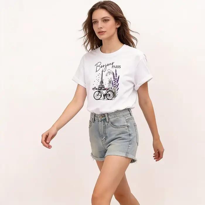 T-shirt à manches courtes imprimé « Bonjour Paris » tendance 2026 – Vêtement décontracté pour femme – Haut graphique vintage
