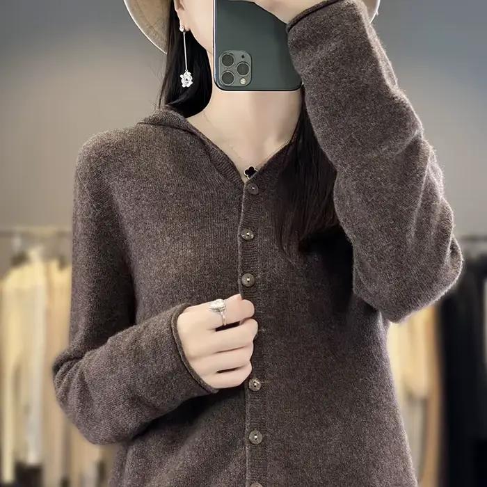 Cardigan à Capuche en Laine Mérinos pour Femme