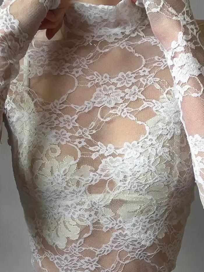 Haut court en dentelle transparente à manches longues élégant et sexy pour femmes sorties nocturnes et occasions spéciales