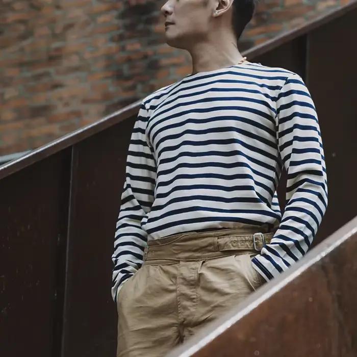 Chemise rayée vintage pour hommes style marin col rond t-shirt coton extensible pour printemps et automne occassions décontractées