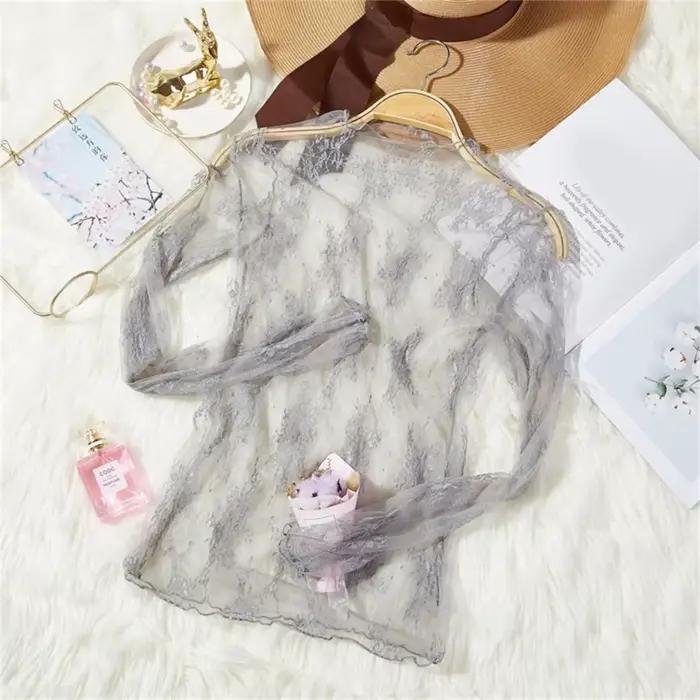 Haut à manches longues en maille pour femmes, col montant, broderie florale, t-shirt transparent élégant pour occasions spéciales et quotidien
