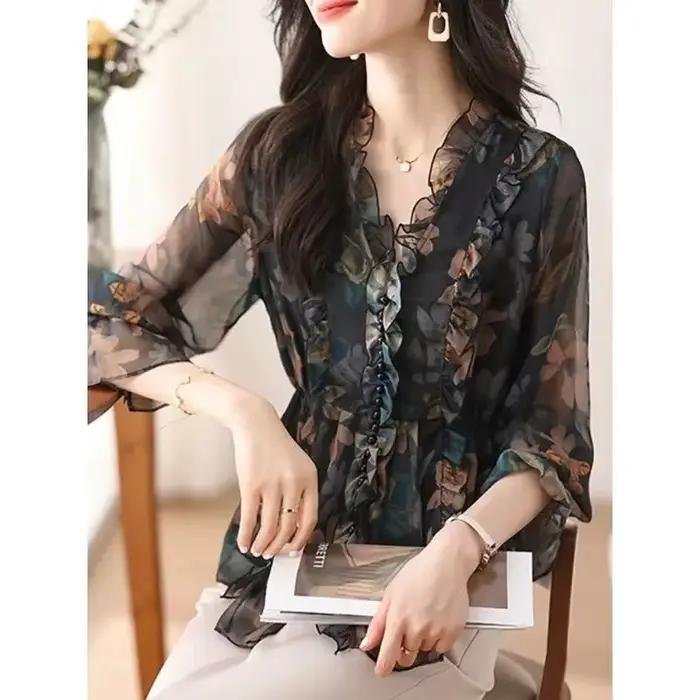 Chemise en mousseline de soie florale pour femmes