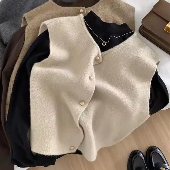 Gilet en tricot femme tricoter polyester boutons dorés beige gris kaki noir élégant printemps automne