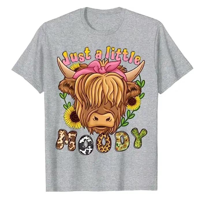 T-shirt imprimé floral pour femme, t-shirt graphique, chemisiers à manches courtes, mignon, mode, amoureux des animaux, vache Highland