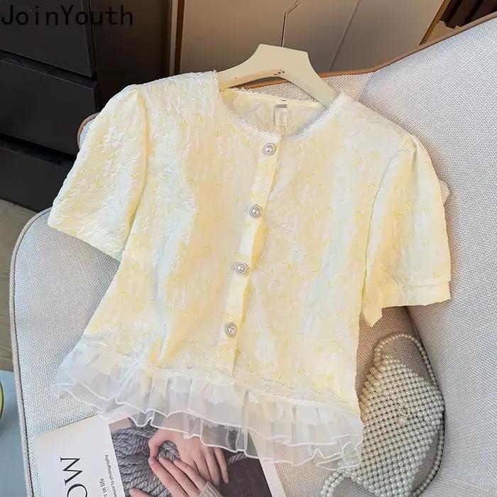 Chemise à manches courtes en dentelle pour femmes, chemisiers doux, vêtements pour femmes, court, chemise jacquard en Y, tunique vintage, chemisier d'été, 2025