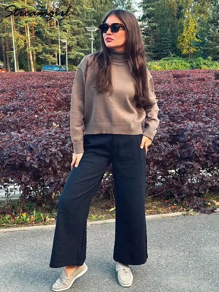 Chandails jaunes à col roulé pour femmes, manches longues, amples, courts, tricotés, chauds, doux, marron, surdimensionnés, automne